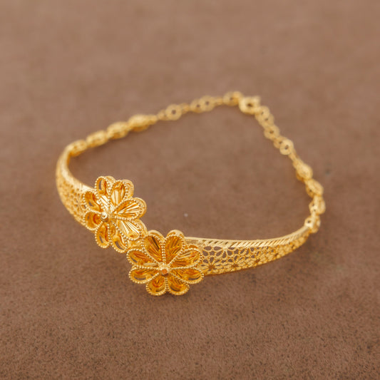 Diamond Cut Flower Cuff Bracelet (D6) - Silver 925 & Gold Plated